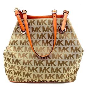 NEW MICHAEL Michael Kors Beige Tan Orange Signature Canvas & Leather Tote Large